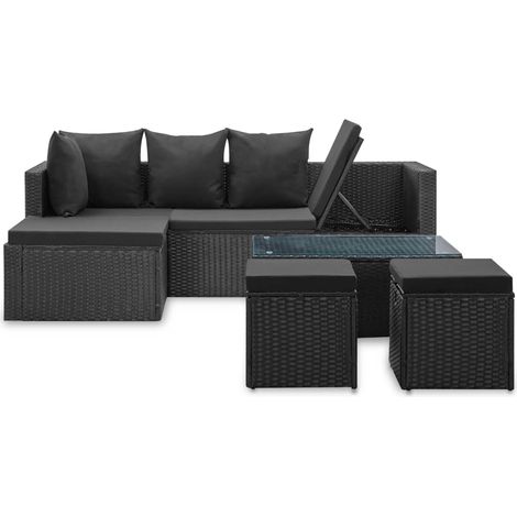 Salon de jardin 4 pcs Mobilier de jardin Noir avec coussins Résine tressée (1/5)