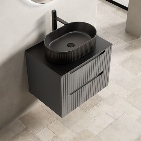 Meuble vasque suspendu 60x46x48 cm en céramique noir, 2 tiroirs pour salle de bain – MEUBLIV (1/5)