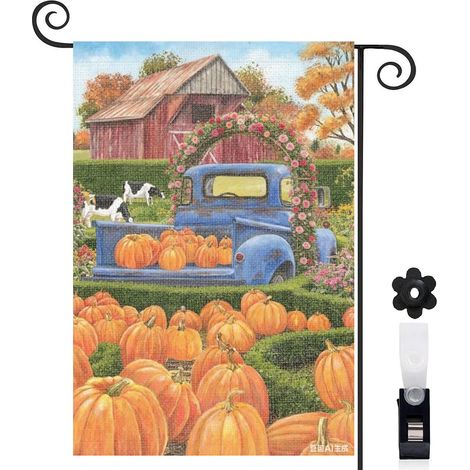 Drapeau de jardin bienvenue 30 x 45 cm motif paysage automnal et citrouilles toile double face (1/5)