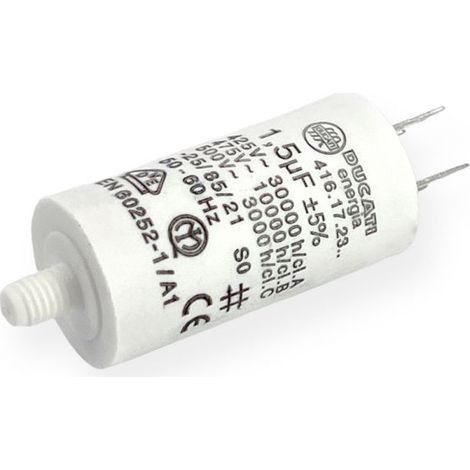 Ducati Energia – Condensateur permanent 1,5µF cosses Faston 6,3mm – Ø28x55mm – Pour moteurs électriques 220V – Homologué VDE EN60252-1