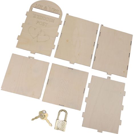Boîte aux lettres de mariage en bois avec serrure à clé, en contreplaqué, fabriquée artisanalement. Boîte aux lettres vintage exquise pour réception, anniversaire de mariage, fête en forme de cœur.