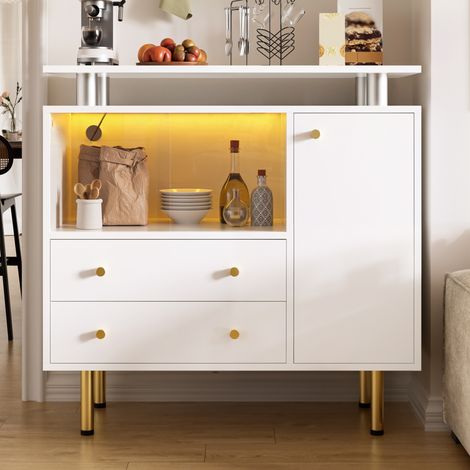 Aparador LED blanco con 2 puertas correderas de cristal, 2 cajones y 1 puerta, 80 x 35 x 80 cm (1/5)