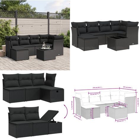 7-tlg. Garten-Sofagarnitur mit Kissen Schwarz Poly Rattan - Gartenmöbel Set - PE-Rattan Gartenmöbel - Outdoor Sofa - Esstisch Set - Lounge Set - Home & Living (1/5)