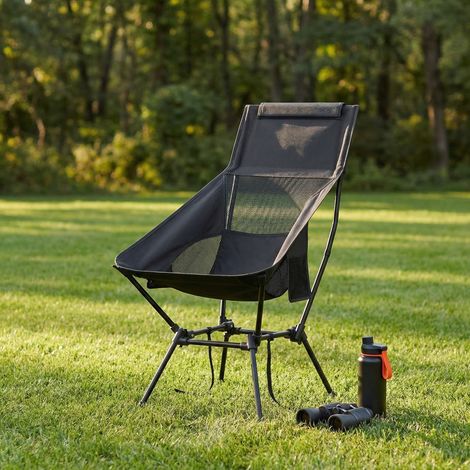 Chaise de Camping Pliante à Hauteur Réglable avec Dossier Haut, Appui-Tête, Cadre en Acier, 2 Poches, Noir (1/5)