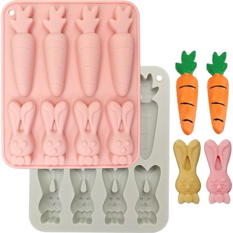 Moule En Silicone En Forme De Lapin Pâques 8 Cavités 2 Pièces Moule À Chocolat De Lapin Carotte Pâques Moule À Tarte De Lapin De Pâques pour Chocolat Muffins Gelée Pudding (Rose Gris) (1/5)
