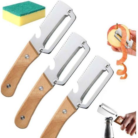 Éplucheur - Décapsuleur - Ouvre-bouteille - Manche Bois - 3 en 1 - Pour Légumes Fruits Agrumes - 1 Pièce
