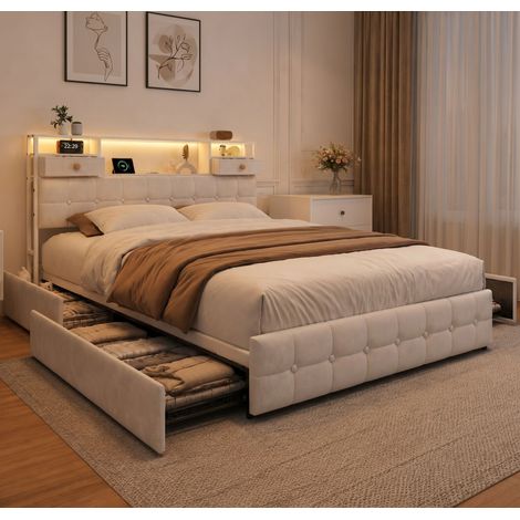 lit adulte 160x200 cm, lit double avec 4 tiroirs, Tête de lit avec lumières LED réglables et étagères de rangement, velours moderne, Beige (1/5)