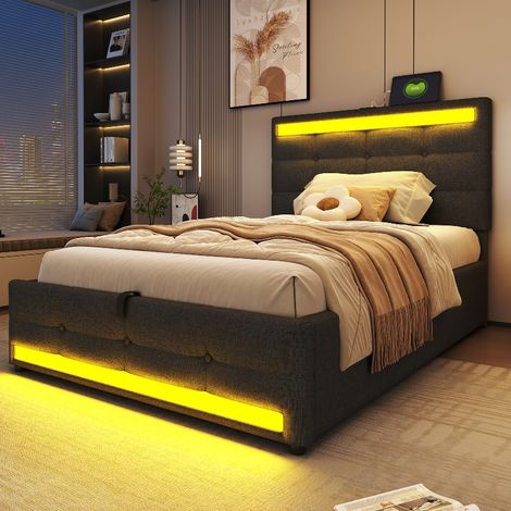 Polsterbett 90x200 cm mit Stauraum, App-gesteuerter LED-Beleuchtung und USB-Anschlüssen, Einzelbett aus grauem Leinen mit verstellbarem Kopfteil (1/5)