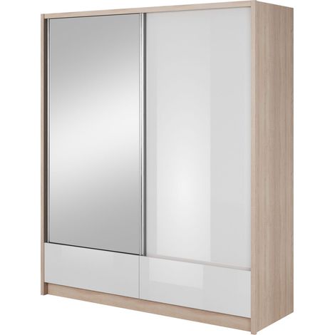 ARIA I Armadio da 184 cm con 2 ante scorrevoli, cassettiera Rovere Sonoma / Bianco lucido