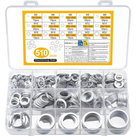 510 pièces de joint d'évacuation d'huile, ensemble de joints d'étanchéité en métal, sous-rondelles en aluminium, assortiment de rondelles plates, joints de bride, ensemble de joints plats, M5 M6 M8 (1/5)