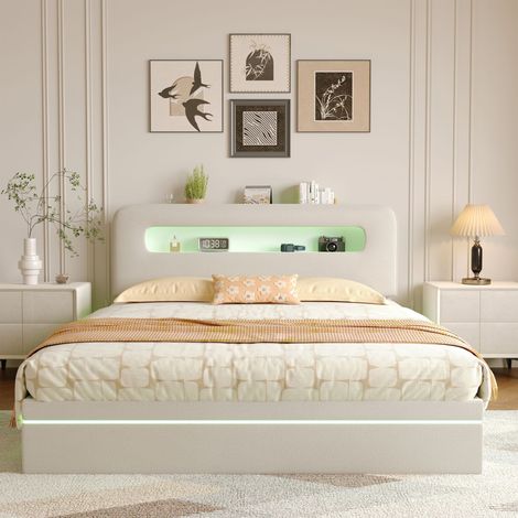 Letto matrimoniale contenitore 160x200, letto imbottito 160x200 con LED, rete a doghe, struttura letto per 2 persone, bianco sporco, velluto (1/5)