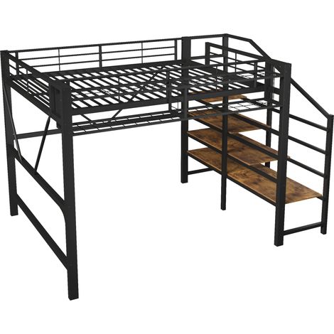 Cama alta metálica 140 x 200 cm negra con estantería escalonada, cesta y tira LED (1/5)
