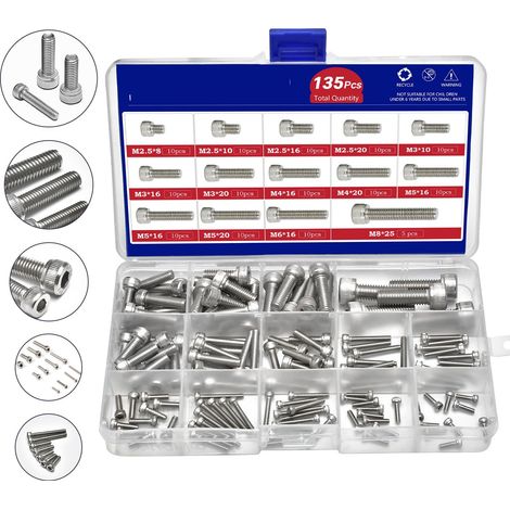 135PCS Kit Assortiment Vis BTR Allen Inox 304 A2-70 – Vis à Métaux Tête Cylindrique CHC Six Pans Creux DIN 912 M2.5 M3 M4 M5 M6 M8 Boîte (1/5)
