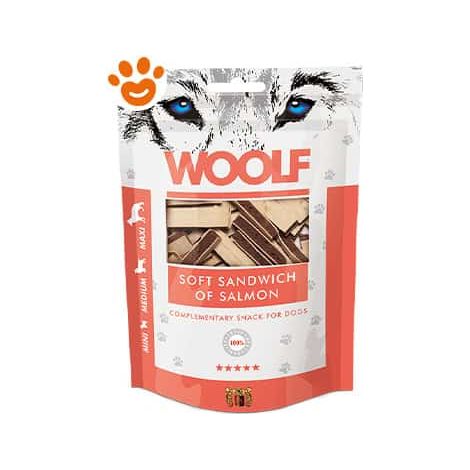 Panino per biscotti per cani Woolf al salmone, taglia mini, media e maxi, 100 g