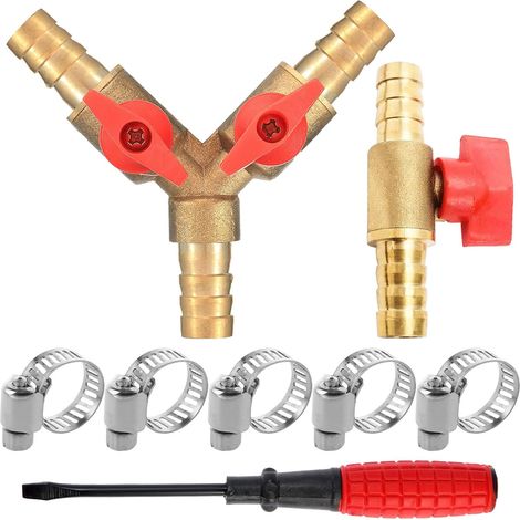Connecteur de Tuyau en Y 10mm et Robinet à Boisseau Sphérique 2 Voies avec 5 Collier de Serrage 6-12mm Raccord de Tuyau en Laiton Connecteur Tuyau Robinet pour Menuiserie Ferrure Air Eau Gaz (1/5)
