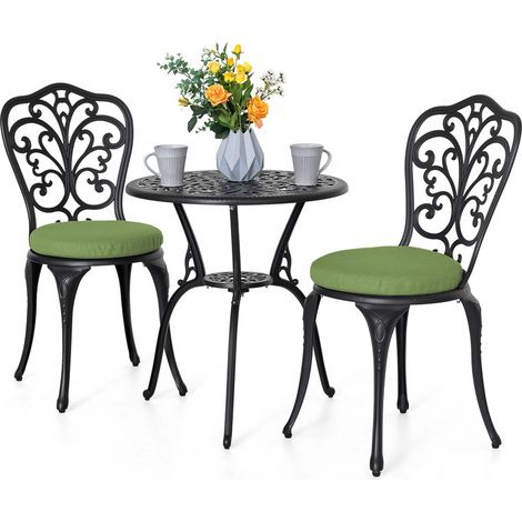 Avestar 3-teiliges Bistro Set mit 2 grünen Kissen, Gartenmöbel Set aus Aluminiumguss, Bistrotisch mit Schirmloch mit 2 Stühlen, Schwarz und Grünen