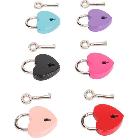 Six cadenas en forme de cœur, couleurs aléatoires, en alliage de zinc, cadenas portables multi-usages pour agenda, avec clé, adaptés aux boîtes à bijoux, sacs, tiroirs, etc. (1/5)