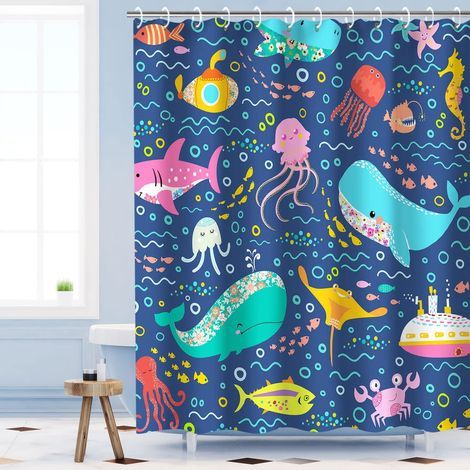 Rideau de douche à 12 crochets, motif baleine, animaux marins, décoration de salle de bain, 180 x 180 cm (largeur x hauteur) (1/5)