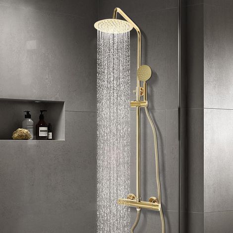 Thermostat Douche Doré Ensemble Mural Robinet Colonne Anti-Calcaire Thermostat Thermostatique Maison Mitigeur Poli Standard Chromé Compris Colonne Douche Anti-Calcaire Thermostat