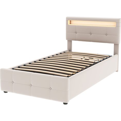 Cama infantil tapizada 90x200 cm beige con LED, almacenaje hidráulico y cabecero ajustable (1/5)