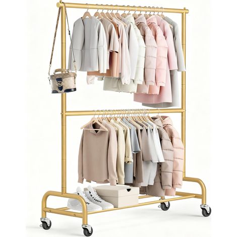Porte-vêtements doré Double tringle à vêtements avec roulettes Hauteur réglable Porte-manteaux mobile en métal résistant Charge maximale de 68 kg (1/5)