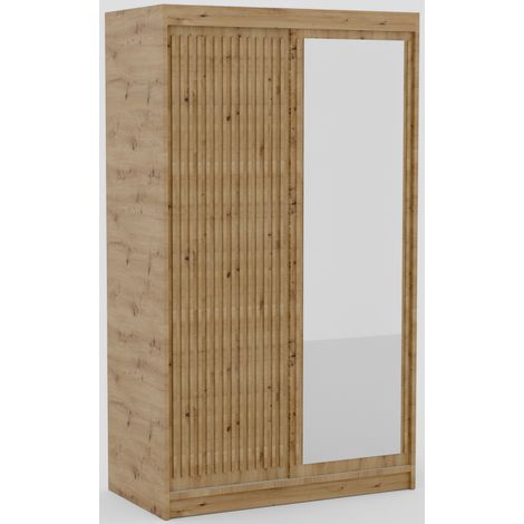 Armoire coulissante BIZEN avec lames décor bois et miroir – Moderne et chaleureux 120 cm-Beige-Largeur 120 cm (1/5)
