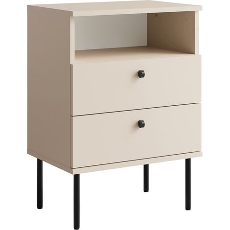 Tavolino da Notte 2 Cassetti con Vanetto – Color beige – Piedi dritti e maniglie nere – Collezione Aurora