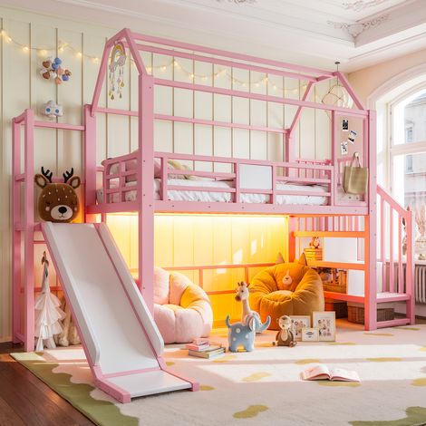 Lit Mezzanine Rose 90x200cm avec Rangement, Escalier, Toboggan, LED, EN747, Coins Arrondis et 150kg - MDF et métal - pour Enfant Ado (1/5)