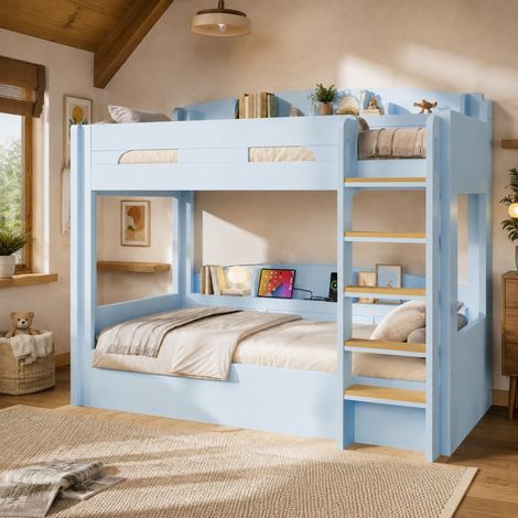 Letto a soppalco 90x200 cm blu con presa USB e vani portaoggetti, design moderno salvaspazio (1/5)
