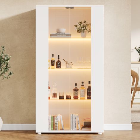 Vitrina mueble de salón con 2 puertas de cristal y luces led 4 estantes - aparador moderno de madera para comedor - blanco 80x36x150 cm (1/5)