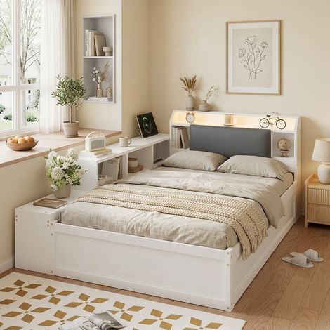 Lit coffre simple enfant 120 x 200 cm avec coffre hydraulique, LED, prise intégrée, dimensions 220 x 144 x 85 cm, design moderne, en bois, Blanc (1/5)