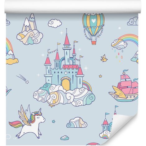 Papier peint Licornes avec château de conte de fées et arcs-en-ciel pour salon et chambre 50x1000 cm (1/5)