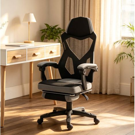 Sedia gaming ergonomica da ufficio con schienale alto e poggiapiedi pieghevole nera e grigia (1/5)