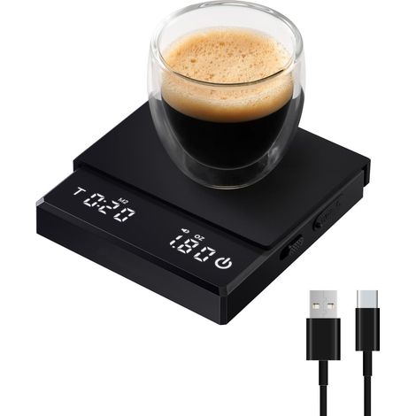 Kompakte digitale Kaffeewaage mit Timer und LED-Anzeige (0,1 g bis 2 kg) – wiederaufladbar mit 750-mAh-Akku (Standby bis zu 6 Monate), 0,1 g Genauigkeit, inklusive USB-C-Kabel (1/4)