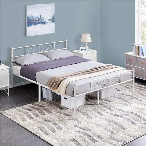 Yaheetech Lit Double 140 x 200 cm en métal pour Adultes Grande Espace en Lattes Blanc Moderne (1/5)