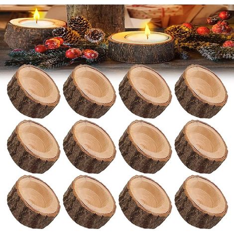 Lot de douze porte bougies en bois personnalisables pour mariage decoration de table et Saint Valentin design naturel (1/5)
