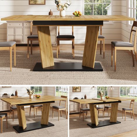 Table de salle à manger extensible, style moderne, aspect bois massif, piètement stable avec pieds antidérapants réglables, idéale pour les petits espaces et les cuisines, coloris chêne. (1/5)