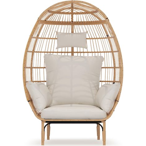 IDEALHOUSE Fauteuil œuf suspendu XXL sur pied en rotin PE - Tarif 227 kg - Cadre acier & base métal - 5 coussins épais déhoussables, imperméables - Patio/balcon/intérieur - Coloris Log + white (1/5)