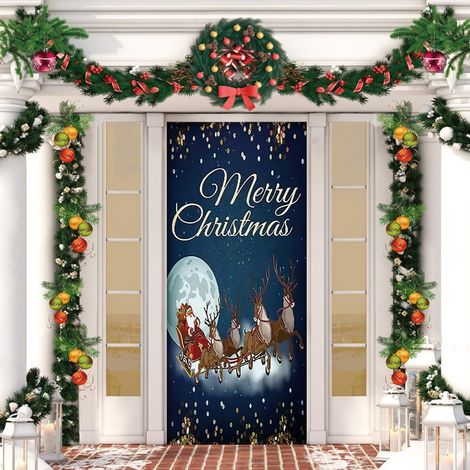 Stickers de porte de Noël, décorations de porte Père Noël, décorations de fête du Nouvel An, décorations de fêtes, banderoles/décorations de porte - 90 x 180 cm (avec trous et ruban) - 12