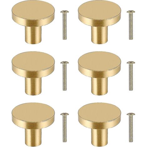 Set mit 6 runden Möbelknöpfen, Schubladenknöpfen aus massivem Messing, Möbelgriffen, goldfarbenen Schranktürknöpfen, goldfarbenen Möbelgriffen, Einlochmontage mit 6 Schrauben für Schränke