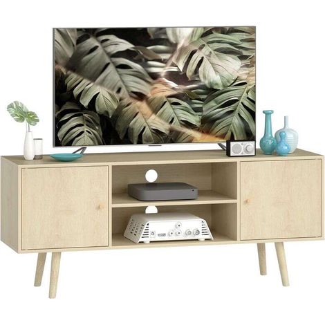 TV-Ständer für Fernseher bis 55 Zoll, 2 Schränke und 2 offene Regalfächer, 120 x 34 x 50 cm, Holzoptik.