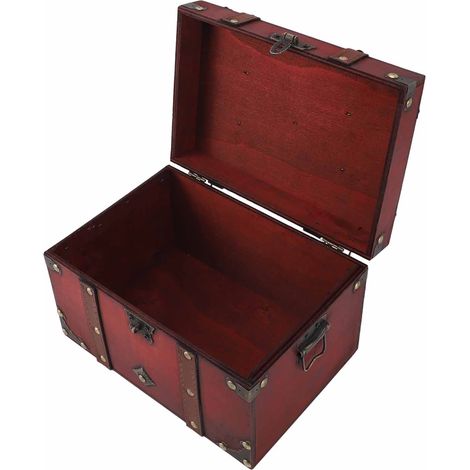 Antike Aufbewahrungsbox aus Holz, dekorative Schatztruhe, große, exquisite Aufbewahrungsbox mit Schloss für Schmuck, rotes Schloss (1/5)