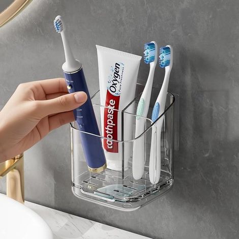 Caja de almacenamiento transparente para baño con compartimentos, sin necesidad de taladrar, para cepillos de dientes y cosméticos, transparente (1/5)