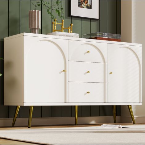 FLORAGRACE Commode à 2 portes et 3 tiroirs, meuble de rangement blanc crème avec étagère réglable, pieds métal doré, pour salon et chambre, H84 x L140 x P40 cm (1/5)