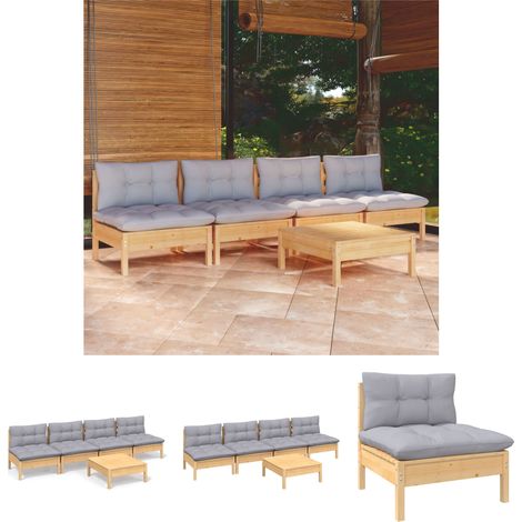 The Living Store - 5-tlg. Garten-Lounge-Set mit Grauen Kissen Kiefernholz (1/5)