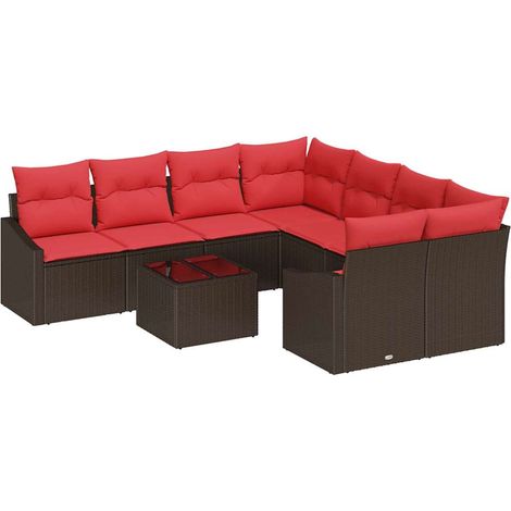 Sofa Set 9 pcs 3-Seater Brown and Red Poly Rattan vidaXL (1/5)