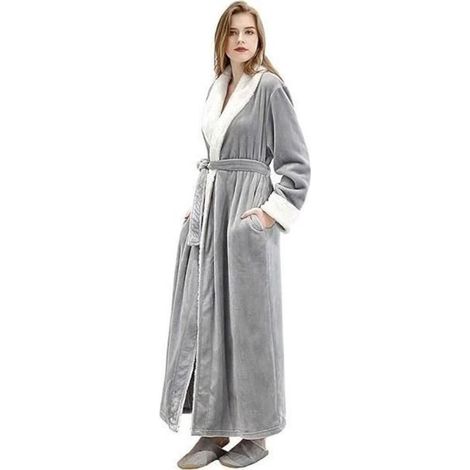 Peignoir long femme NETBOAT en flanelle chaud — col châle, 2 grandes poches, ceinture — M (128 cm) Gris (1/4)