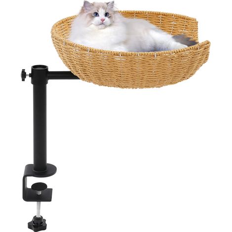 Cama para gatos para escritorio: giro de 360°, altura ajustable, sin taladros, casita elevada para gatos sobre el escritorio, cama transparente para gatos con cojín para mascotas. (1/5)
