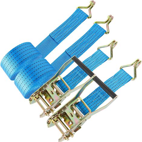 Lot de 2 sangles d'arrimage avec cliquet et crochet, 3 m, 50 mm, en 2 parties, sangle d'arrimage très résistante, bleue, pour sécuriser le chargement, le camping et le retrait des bagages (1/5)