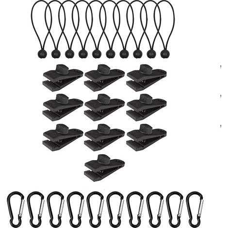 Clips de bâche, 30 pièces Clips de Tente de Bouche de Crocodile Clips de bâche avec Serrure serrée vis de Serrage élastique Boules bâche Corde élastique Tente Corde élastique avec Mousqueton